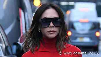 Victoria Beckham cuts a stylish figure in a red jumper and brown trousers as she heads to her Dover Street store in her flashy £227,000 Ferrari