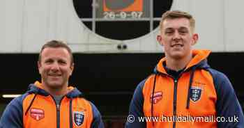 Hull KR coach and player address crowd at Netherlands v Chile rugby union game