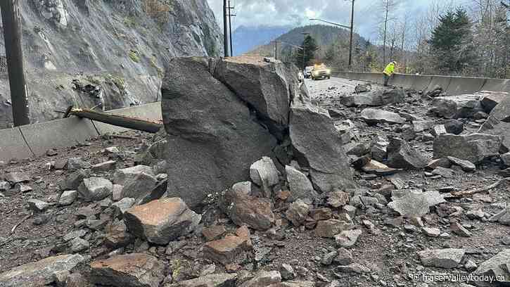 Crews removing loose rock at site of Highway 7 rockslide, still no estimated reopening time: DriveBC