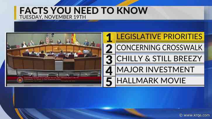 KRQE Newsfeed: Legislative priorities, Concerning crosswalk, Chilly and breezy, Major investment, Holiday movie