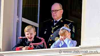 Prince Jacques and Princess Gabriella of Monaco, nine, rival Charlotte and Louis with their naughty antics on palace balcony during National Day