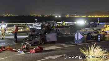 Horrifying picture shows mangled car after 'drug smuggler's speedboat' came loose in Spanish road smash that left two Brit golfers dead