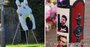 Why is there a bowling pin flower display at Liam Payne's funeral?