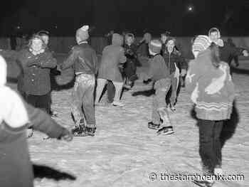 Skating at a school rink on a snowy evening in 1959