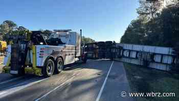 Lanes blocked on I-12 eastbound near Covington due to overturned 18-wheeler