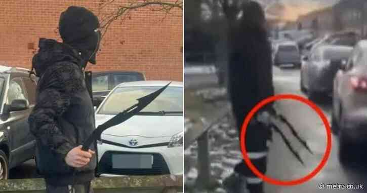 Masked man brandishes zombie knives outside school before pupils ‘told to leave’