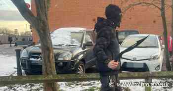 Terrifying moment masked thug brandishes zombie knives outside Nottingham school