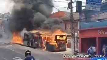 Horror scenes as flaming bus rolls down road and slams into utility pole