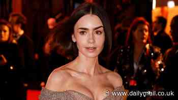 Lily Collins cuts a glamorous figure in a busty gold gown as she cosies up to husband Charlie McDowell at The Devil Wears Prada: The Musical launch