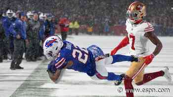 Bills' James Cook runs for 65-yard TD and celebrates with snow angels