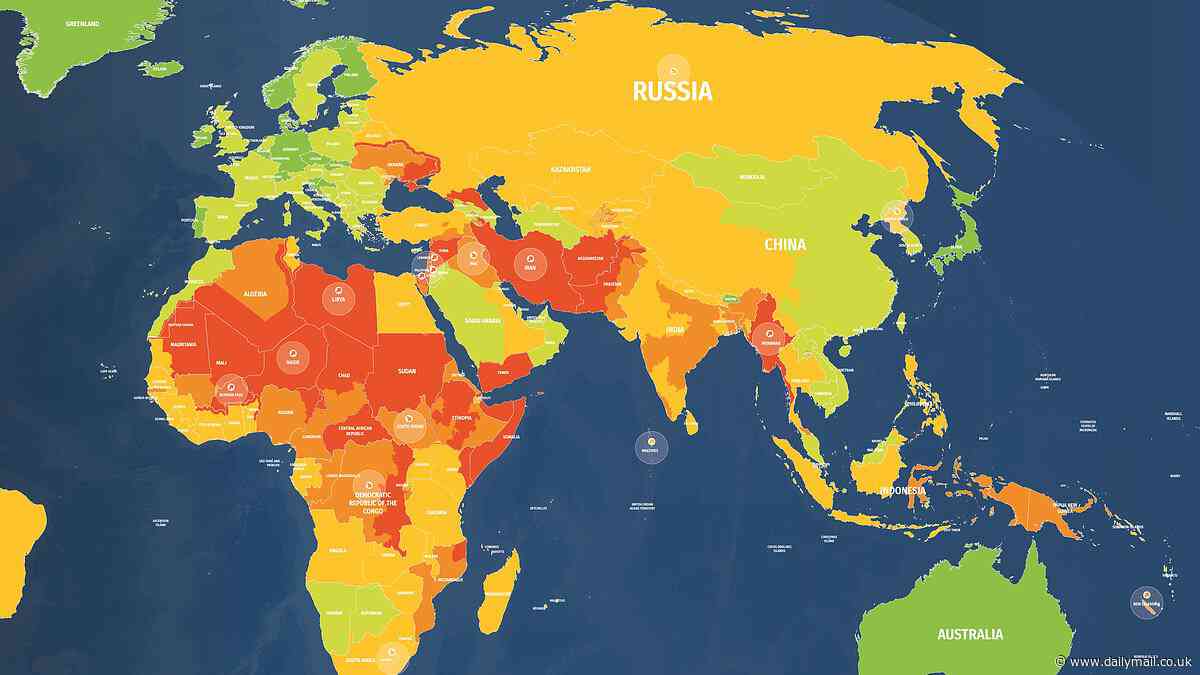 Global risk map reveals the most dangerous countries and cities in the world for travellers - with UK slipping down into 'moderate' category