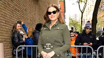 Amy Adams cuts a chic figure in belted olive green blouse and skirt during promotional tour for her new movie