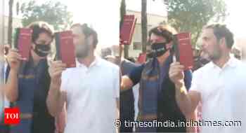 Watch: Constitution in hand, Rahul Gandhi & Priyanka hold protest outside Parliament over Adani issue