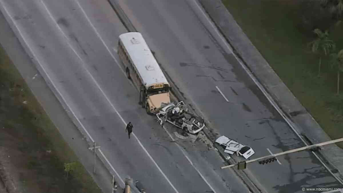 Person rushed to hospital after crash involving school bus in NW Miami-Dade