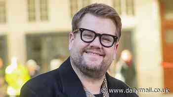 James Corden grins as he joins Gavin And Stacey co-star Ruth Jones at the BBC as the week countdown to the finale episode begins