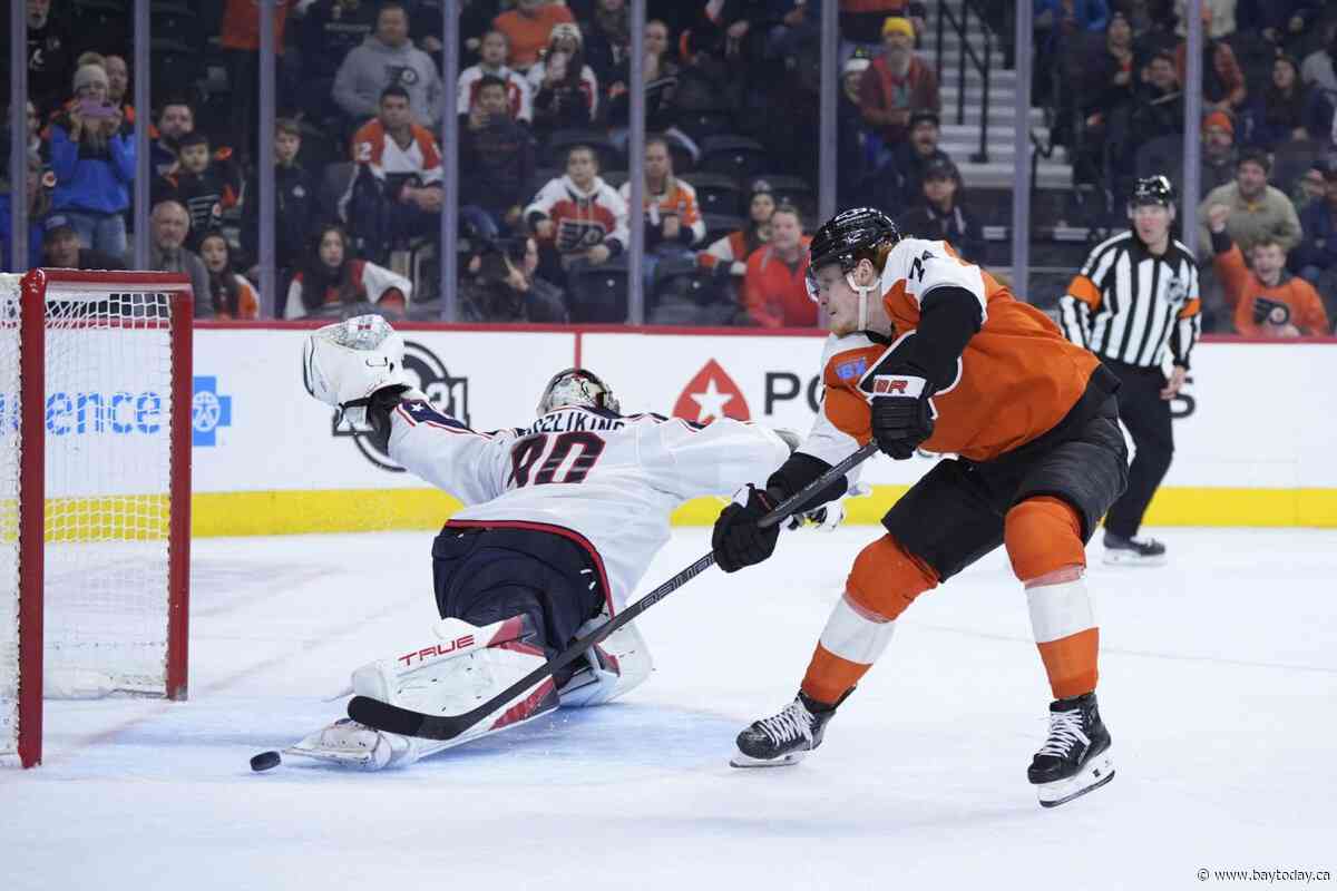 Tippett's OT goal and 4-point game powers the Flyers to a 5-4 comeback win over the Blue Jackets