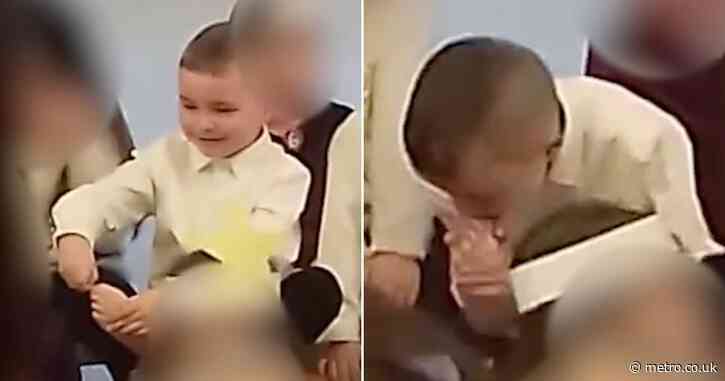 Cheeky schoolboy caught biting his toenails during school nativity play