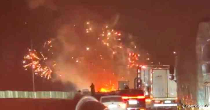 Lorry carrying fireworks crashes and sets off extraordinary motorway display