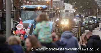 Thundering engines, flashing lights and blaring horns echo in giant tractor convoy