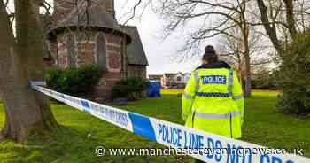 Police cordon in churchyard and forensic tent in doorway as blood seen on walls