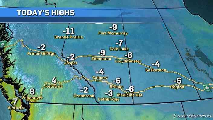 Monday's high of -4 C, the warmest temp for at least a week