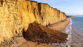 Huge cliff made famous in Broadchurch collapses sending tonnes of rock plunging 150ft onto popular beach - as foolish walkers ignore warnings to stay away