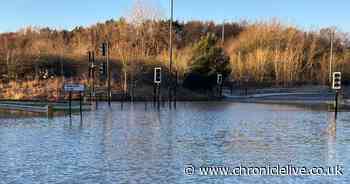 A189 junction drone footage shows extent of flooding as roundabout closed over burst water main