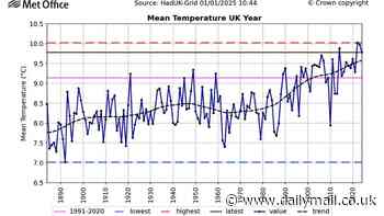 2024 was Britain's fourth hottest year on RECORD: Average UK temperature was 0.64°C above average - and scientists say climate change is to blame