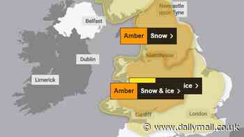 Snow warning is upgraded to amber for Britain: Met Office says heavy wintry showers and freezing rain could cause chaos this weekend with alerts in place for most of the UK