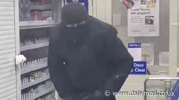 Moment brazen masked thugs smash into Tesco, leap behind the counter and ransack tobacco cabinet before waving goodbye and cycling off