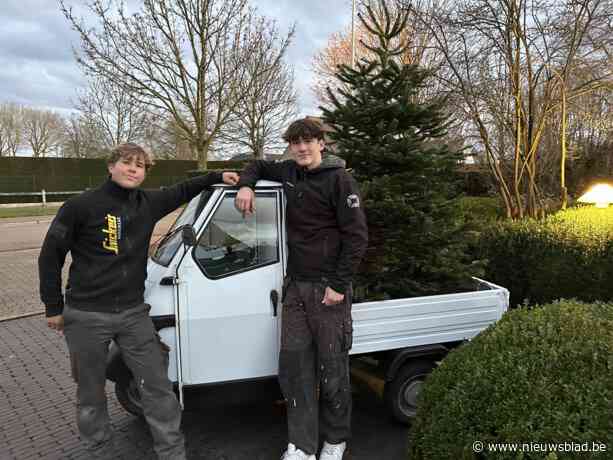 Lucas (17) en Matti (16) halen voor een prikje oude kerstbomen op met bijzondere driewieler: “We maken compost van de bomen”