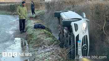 'Lucky' escape after car skids and lands in rhyne