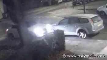 Moment Mercedes driver crashes into parked car and a tree before calmly driving off as if nothing happened