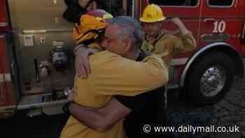 Emotional moment Palisades homeowner breaks down in tears when he finds his house miraculously escaped damage and hugs the firefighters who saved it 