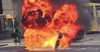 Dramatic motorbike fire erupts in Manchester city centre and closes road