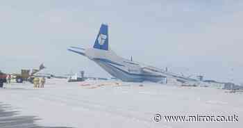 Heart-stopping moment plane crash lands into snowdrift after landing gear jams