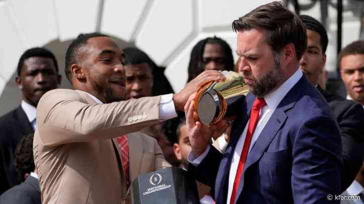 WATCH: College football trophy comes apart in Vance's hands at White House