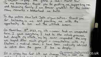 Troubling handwitten note from rising NFL star as he quits at just 24