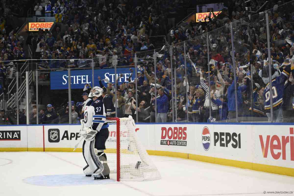 Jets goalie Hellebuyck pulled for third straight road game as Jets fall to Blues