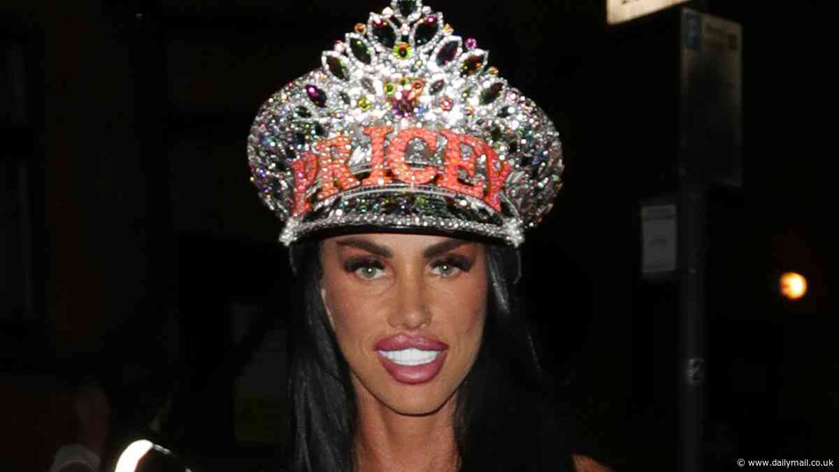 Katie Price flaunts her toned abs in Miu Miu black crop top and 'Pricey' crown after performance at Clapham Grand