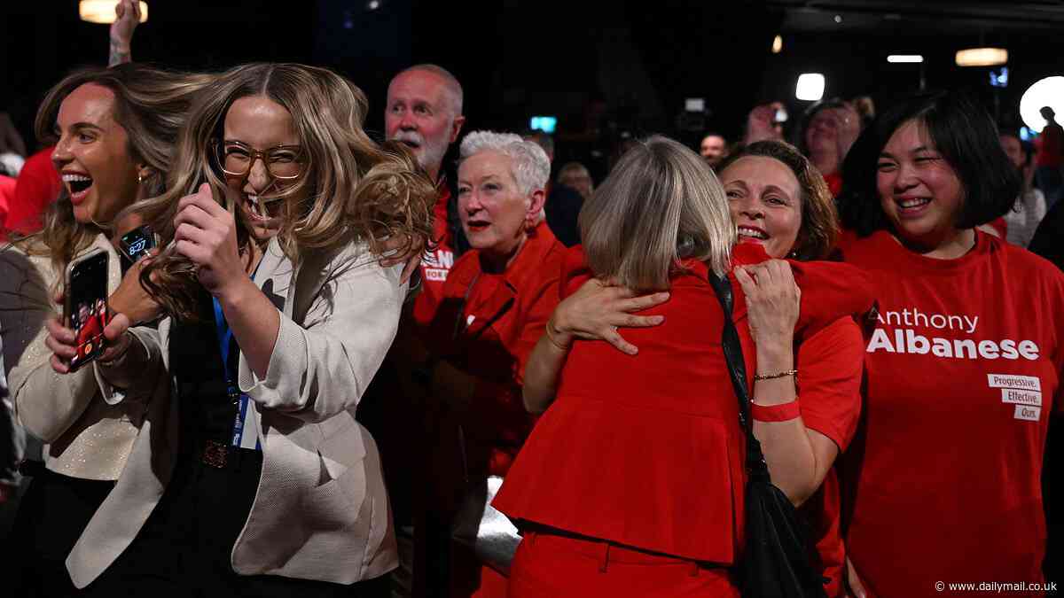 A tale of two parties: Devastated supporters in break down in tears at Liberal party HQ as wild celebrations erupt for Labor