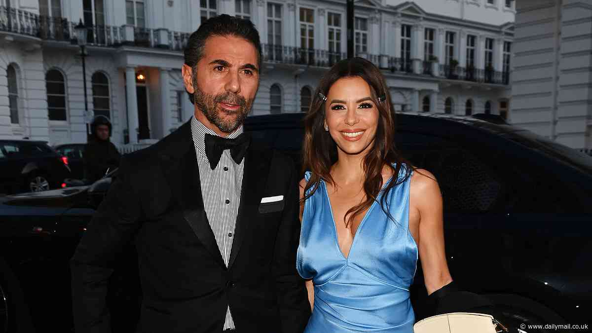 Eva Longoria wows in a plunging blue satin gown as she joins husband José Bastón, the Ramsays and Dave Gardner at David Beckham's star-studded 50th birthday bash at plush London venue