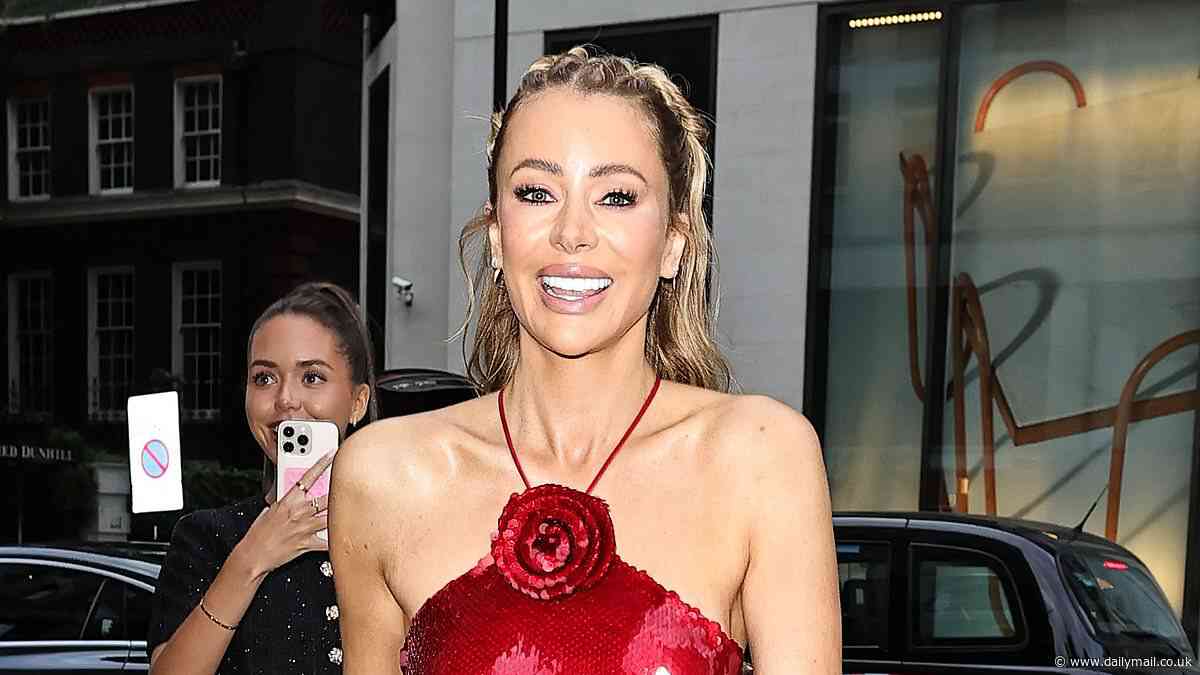 Olivia Attwood puts on a very leggy display in a red backless sequin dress as she celebrates her 34th birthday in style at Mayfair's Bacchanalia