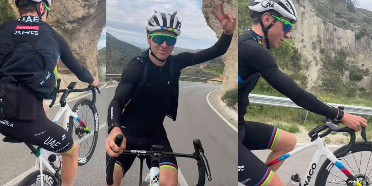 Tadej Pogacar toont zijn skills met lange wheelie op training