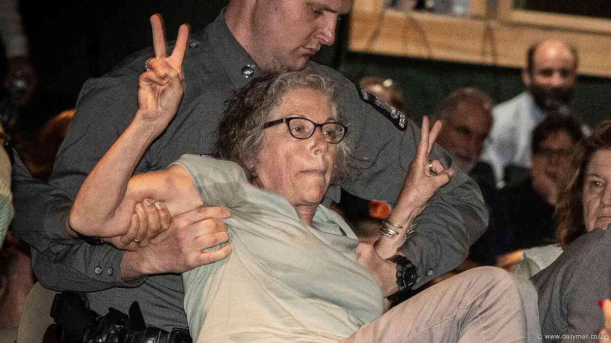 Republican's town hall in leafy New York suburb descends into chaos as woman is carried out by state troopers