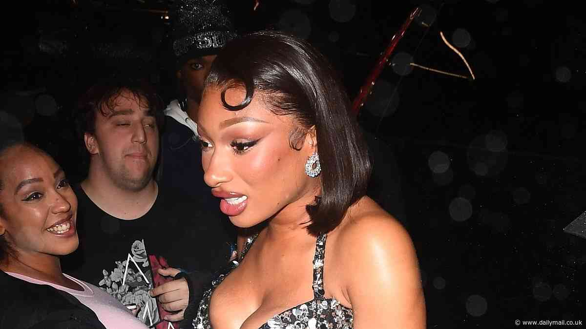 Megan Thee Stallion puts on a busty display in a gem-encrusted bra as she arrives at A$AP Rocky's party after major rule break at the Met Gala