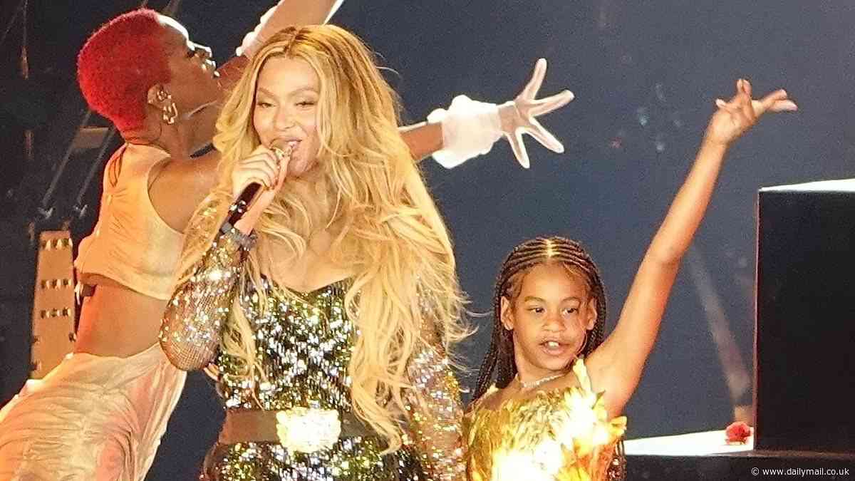Rumi the superstar! Beyonce's rarely-seen daughter outshines her mother and sister on stage during Cowboy Carter tour - as excitable youngster sings, dances and can't stop waving at crowd