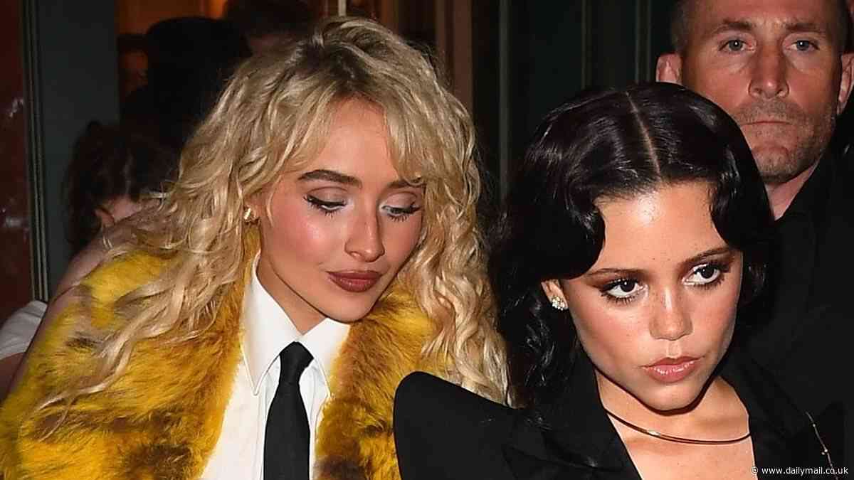 Sabrina Carpenter turns heads in a canary yellow frock coat as she links arms with leggy Jenna Ortega outside A$AP Rocky's star-studded Met Gala after-party in rainswept New York