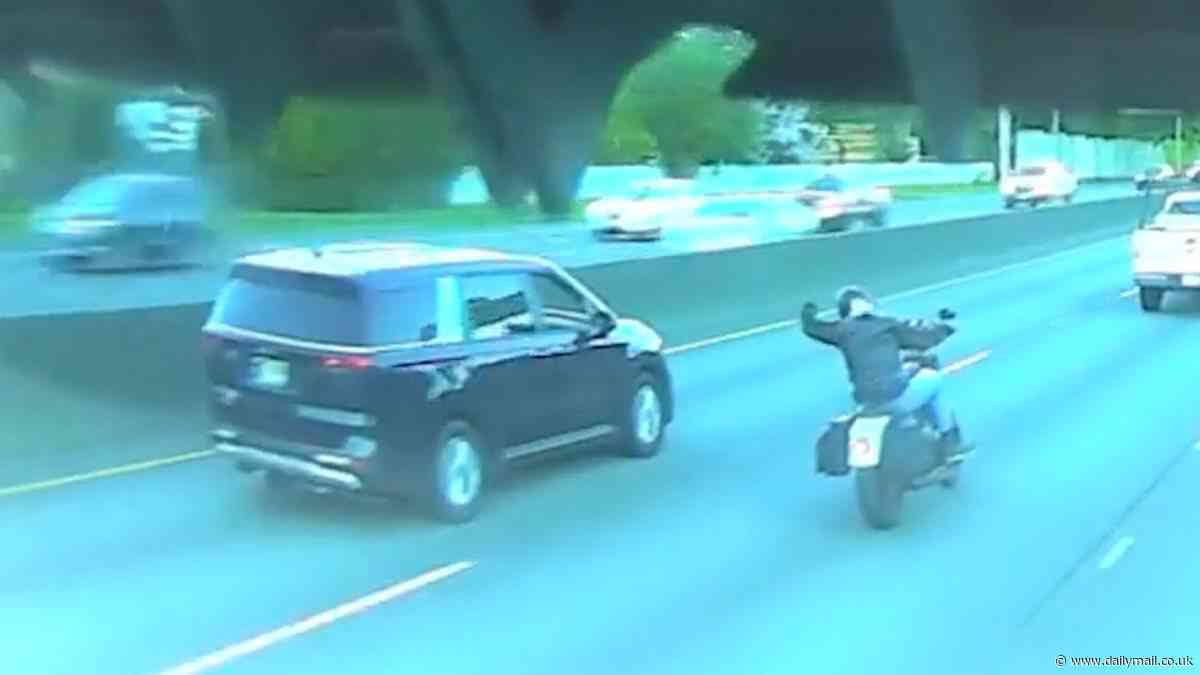 Road rage confrontation between moving Kia and motorcycle ends in horror captured by dashcam