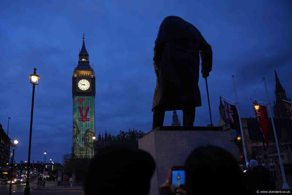 Buildings across Britain bask in red, white and blue light to commemorate VE Day anniversary